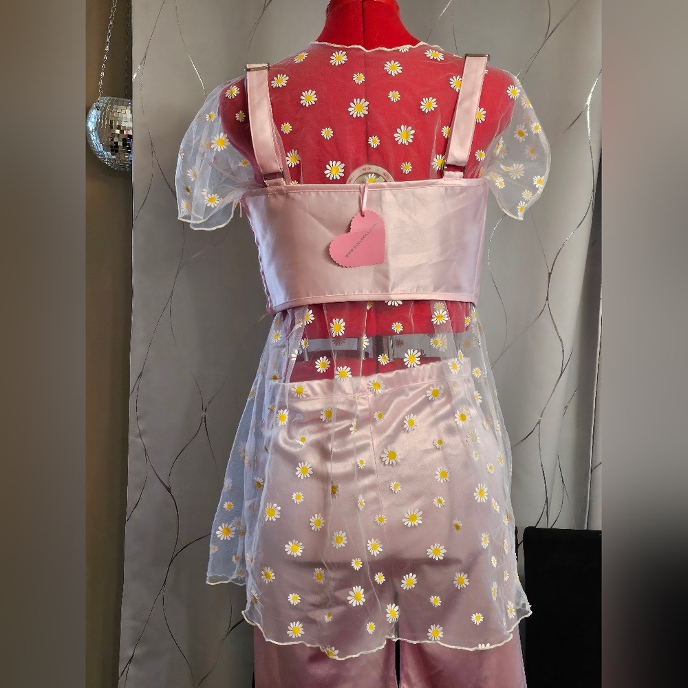 Dolls Kill Sugar Thrillz Pink Satin Underbust & Biker Shorts +Extra Mesh Flower - Picture 9 of 12